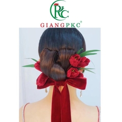 Bộ cài tóc cô dâu hoa tulip nhung kèm dây băng đô nhung đỏ đô Giangpkc 2022  giangpkc-phu-kien-thoi-trang