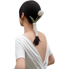 Cài tóc cô dâu Dây ruy băng đính hoa Tulip giả đơn giản dành cho cô dâu đặc biệt tặng thêm 1 dây duy băng 1m