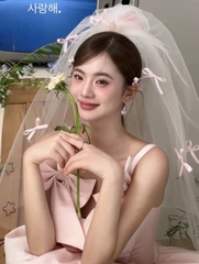 Voan cài tóc cô dâu sẵn xược 1m đính nơ hồng 2 lớp đẹp  giangpkc-phu-kien-thoi-trang