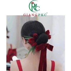 Bộ cài tóc cô dâu hoa tulip nhung kèm dây băng đô nhung đỏ đô Giangpkc 2022  giangpkc-phu-kien-thoi-trang