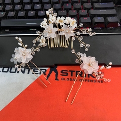 Bộ ba cài tóc hoa nhựa trong pha lê đơn giản cho bà sui Giangpkc 223