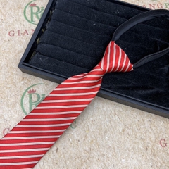 Cà vạt bản 8cm thắt sẵn dây kéo vải bóng đẹp dày 3 lớp màu đỏ kẻ trắng nổi