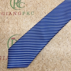 Cà vạt bản 8cm thắt sẵn dây kéo vải bóng đẹp dày 3 lớp xanh kẻ trắng sang trọng
