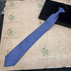 Cà vạt bản 8cm thắt sẵn dây kéo vải bóng đẹp dày 3 lớp xanh kẻ trắng sang trọng