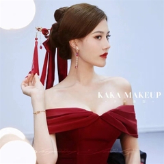 Set trâm cài mẫu búi tóc cô dâu màu đỏ hoa tulip nhung tặng kèm bông tai mẫu t11/2023