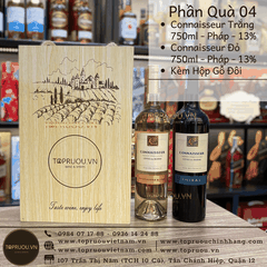 Phần Quà 04: 1 Chai Connaisseur Trắng 750ml - Pháp - 13% + 1 Chai Connaisseur Đỏ 750ml - Pháp - 13% + 1 Hộp Gỗ Đôi