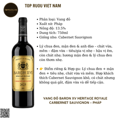Rượu Vang Đỏ Baron XV Heritage Royale - Pháp - Cabernet Sauvignon - 13,5% - 750ml