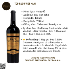 Rượu Vang Đỏ Jacob Wiliam - Tây Ban Nha - Cabernet Sauvignon - 13.5% - 750ml