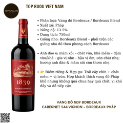 Vang Đỏ 1839 Bordeaux - 750ml - 13,5% - Pháp