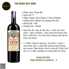 Vang Đỏ 1976 Vino Rosso Classico - Italia - Cabernet Sauvignon - 14% - 750ml