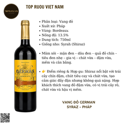 Vang Đỏ German - Pháp - Shiraz - 13,5% - 750ml