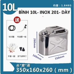 Bình Xăng Dầu Dự Phòng Chất Liệu INOX 201, Loại Dày, Dung Tích 10L