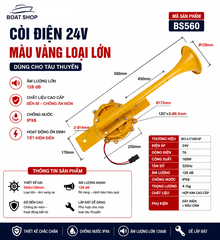 Còi Điện 24V Màu Vàng Siêu TO , Loại Lớn Cho Xe Tải, Tàu Sà Lan 128dB, Dài 56cm, Mã BS560