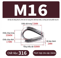 Khuyên Lót Cáp 16mm, M16 Chất Liệu Inox 316L, mã S00730-M16