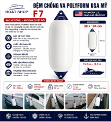 Đệm Chống Va Fender Polyform US F7 USA, size 101x38cm, Dùng Cho Tàu Du thuyền dài từ 15-19 mét