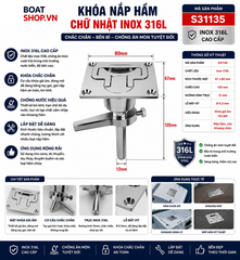 Khóa Nắp Hầm Chữ Nhật, Chất Liệu Inox 316L, kích Thước 67x80mm, Mã S31135
