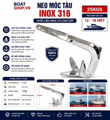 Mỏ Neo Bruce Inox 316 Mài Bóng , Cho Tàu Cano nặng 25Kg