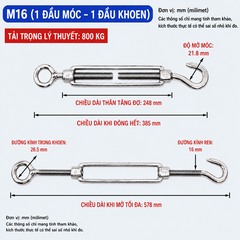 Tăng Đơ inox 316, size M16, Kích Thước 385-578mm, Một đầu móc, một đầu khoen