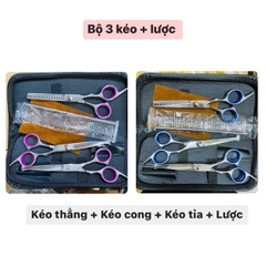 Bộ 3 kéo (kéo cong + kéo thẳng + kéo răng + lược) màu xanh và màu hồng