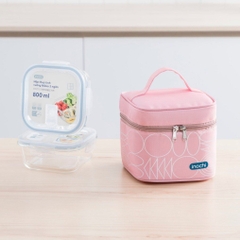 Bộ hộp thuỷ tinh vuông Nikko kèm túi giữ nhiệt Yoshino - Hồng phấn