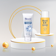 Combo trắng hồng tự nhiên: Sữa chống nắng Bioré UV Perfect Protect Milk Bright SPF50/PA+++ bảo vệ hoàn hảo - sáng mịn 25ml và Sữa rửa mặt Bioré Skin Caring Facial Foam trắng hồng tự nhiên 100g