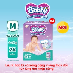 [COMBO 4] Bobby Tã bỉm quần M76/L68/XL62/XXL56 Siêu khô thoáng (cộng miếng ngẫu nhiên)