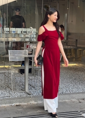 VELLE Design - Áo dài Chu Sa chất nhung mượt mịn kèm quần lụa trắng