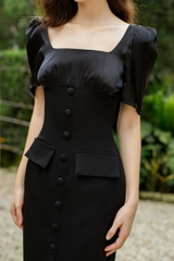 VELLE DESIGN Đầm vải cotton dày dặn, phối lụa tơ organza