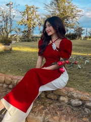 VELLE DESIGN - Áo dài tết Ruby chất nhung mịn dày dặn kèm quần lụa