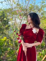 VELLE DESIGN - Áo dài tết Ruby chất nhung mịn dày dặn kèm quần lụa
