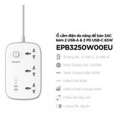 Ổ điện đa năng Energizer 3AC kèm 2USB-A và 2USB-C sạc nhanh PD (max 65W)