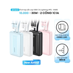 Pin sạc dự phòng Anker Zolo A1680 10000mAh PD QC 3.0 30W kèm Cáp Lightning và Type C