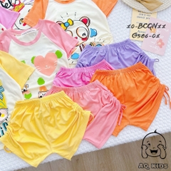 BCQN11 -  Bộ cộc tay bé gái thun lạnh Minlybaby raglang quần nhún nơ + áo bo chỉ thun