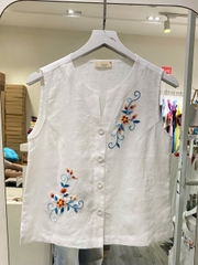 SONO - Áo linen sát nách cổ trụ V thêu đối xứng