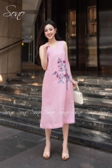 SONO - Đầm linen cổ tim thêu cành lá xương cá