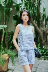 Set short linen sọc xanh nút bên