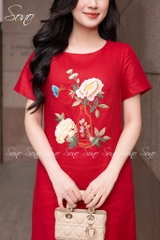 SONO - Đầm linen có tay thêu bình hoa mẫu đơn
