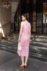 SONO - Đầm linen cổ tim thêu cành lá xương cá