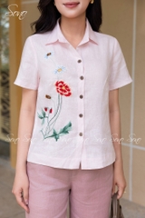 SONO - Áo sơ mi linen tay ngắn thêu hoa
