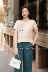SONO - Áo linen thêu lá xanh se hạt hồng