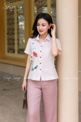 SONO - Áo sơ mi linen tay ngắn thêu hoa