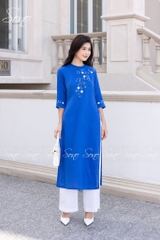 SONO - Áo dài linen cổ đan tay thêu cành lá