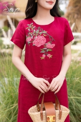 SONO - Đầm linen có tay thêu 5 nhánh hoa đặc