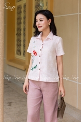 SONO - Áo sơ mi linen tay ngắn thêu hoa