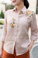 SONO - Áo sơ mi dài tay linen thêu hoa vai