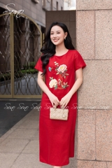 SONO - Đầm linen có tay thêu bình hoa mẫu đơn