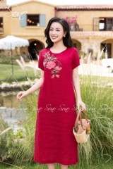 SONO - Đầm linen có tay thêu 5 nhánh hoa đặc