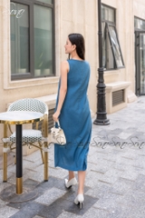 SONO - Đầm linen nút bên viền trắng thêu