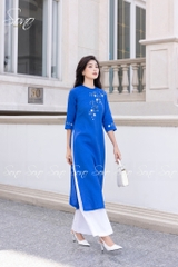 SONO - Áo dài linen cổ đan tay thêu cành lá