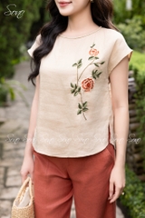 SONO - Áo linen cổ đan thêu hoa